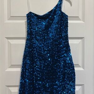 One Shoulder Blue Sequin Dress